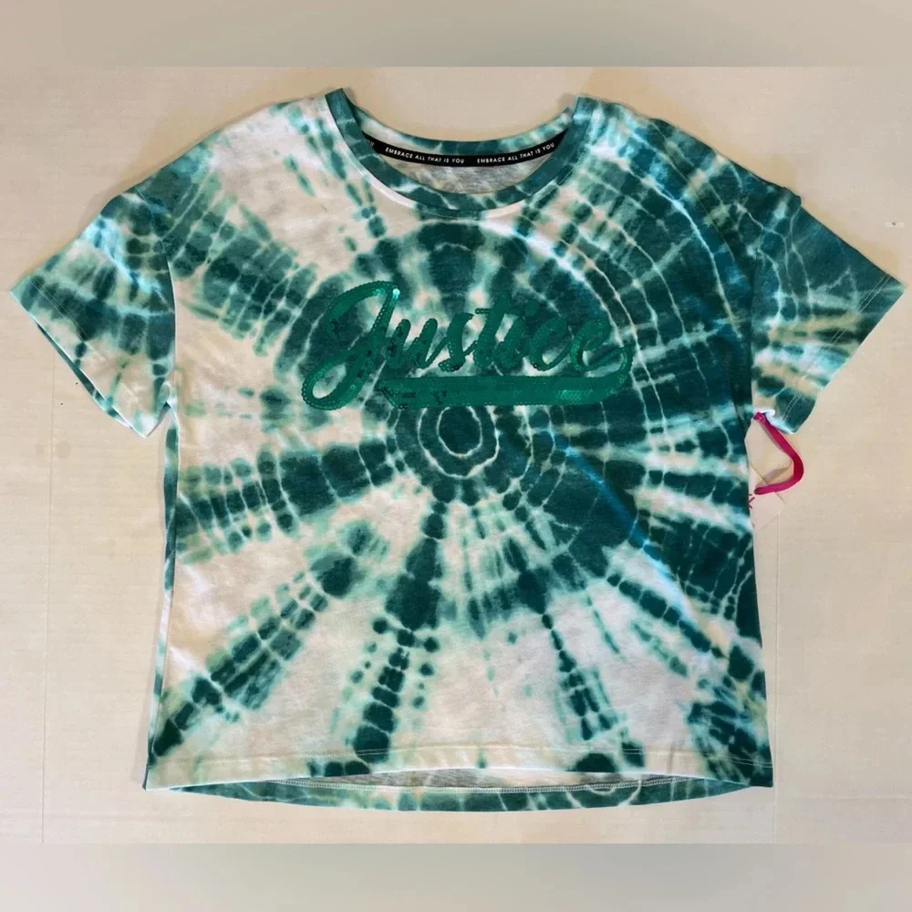 Justice Green Tie-dye Short Sleeve Tee T-shirt With Sequines Size XL (16/18) NWT